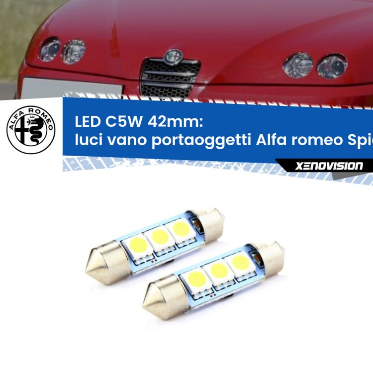 0 Luci Vano Portaoggetti LED c5w 41mm Alfa romeo Spider 916 1995 - 2005 (Coppia) <strong>Luci Vano Portaoggetti LED per Alfa romeo Spider</strong> 916 1995 - 2005. Coppia lampade <strong>C5W</strong> 41mm estremamente longeve.