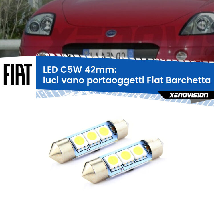 0 Luci Vano Portaoggetti LED c5w 41mm Fiat Barchetta 1995 - 2005 (Coppia) <strong>Luci Vano Portaoggetti LED per Fiat Barchetta</strong> 1995 - 2005. Coppia lampade <strong>C5W</strong> 41mm estremamente longeve.