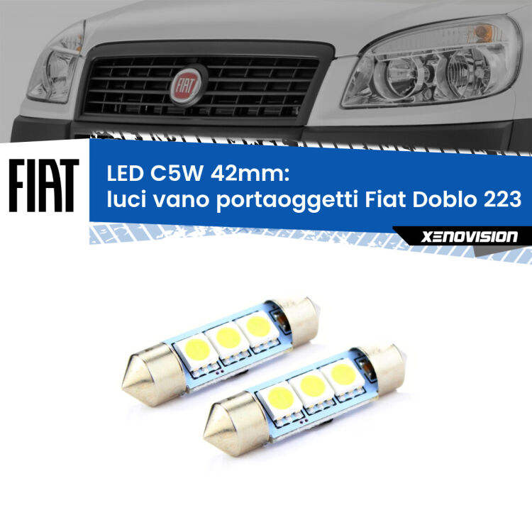 0 Luci Vano Portaoggetti LED c5w 41mm Fiat Doblo 223 2000 - 2010 (Coppia) <strong>Luci Vano Portaoggetti LED per Fiat Doblo</strong> 223 2000 - 2010. Coppia lampade <strong>C5W</strong> 41mm estremamente longeve.