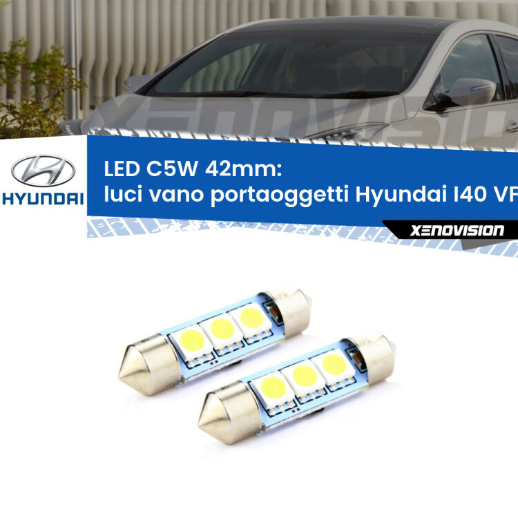 0 Luci Vano Portaoggetti LED c5w 41mm Hyundai I40 VF 2012 in poi (Coppia) <strong>Luci Vano Portaoggetti LED per Hyundai I40</strong> VF 2012 in poi. Coppia lampade <strong>C5W</strong> 41mm estremamente longeve.