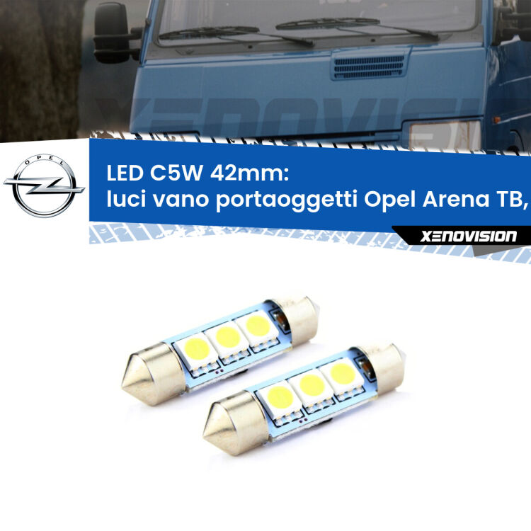 0 Luci Vano Portaoggetti LED c5w 41mm Opel Arena TB, TF 1998 - 2001 (Coppia) <strong>Luci Vano Portaoggetti LED per Opel Arena</strong> TB, TF 1998 - 2001. Coppia lampade <strong>C5W</strong> 41mm estremamente longeve.