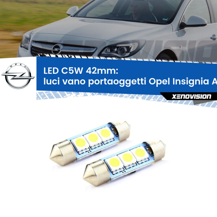0 Luci Vano Portaoggetti LED c5w 41mm Opel Insignia A II G09 2014 - 2017 (Coppia) <strong>Luci Vano Portaoggetti LED per Opel Insignia A II</strong> G09 2014 - 2017. Coppia lampade <strong>C5W</strong> 41mm estremamente longeve.