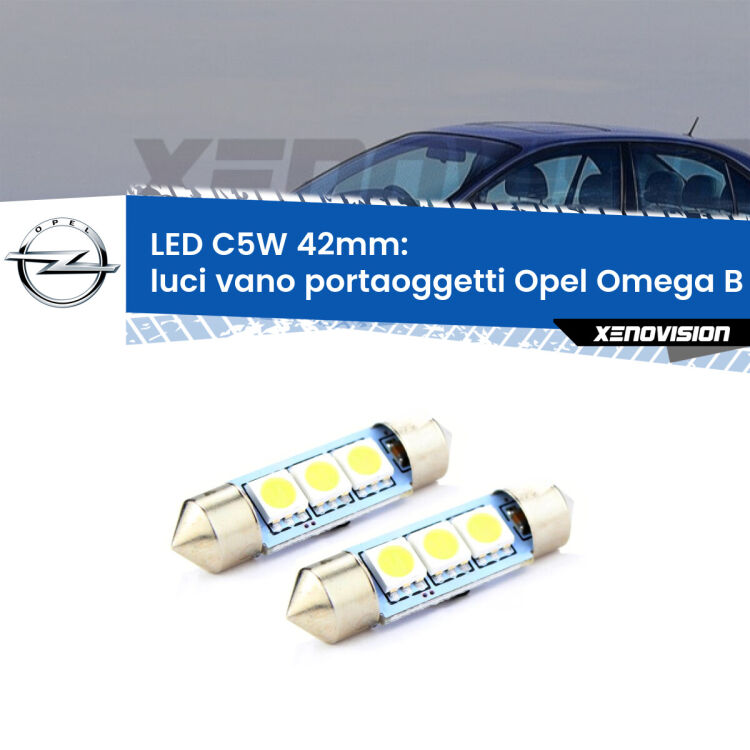 0 Luci Vano Portaoggetti LED c5w 41mm Opel Omega B V94 1994 - 2003 (Coppia) <strong>Luci Vano Portaoggetti LED per Opel Omega B</strong> V94 1994 - 2003. Coppia lampade <strong>C5W</strong> 41mm estremamente longeve.
