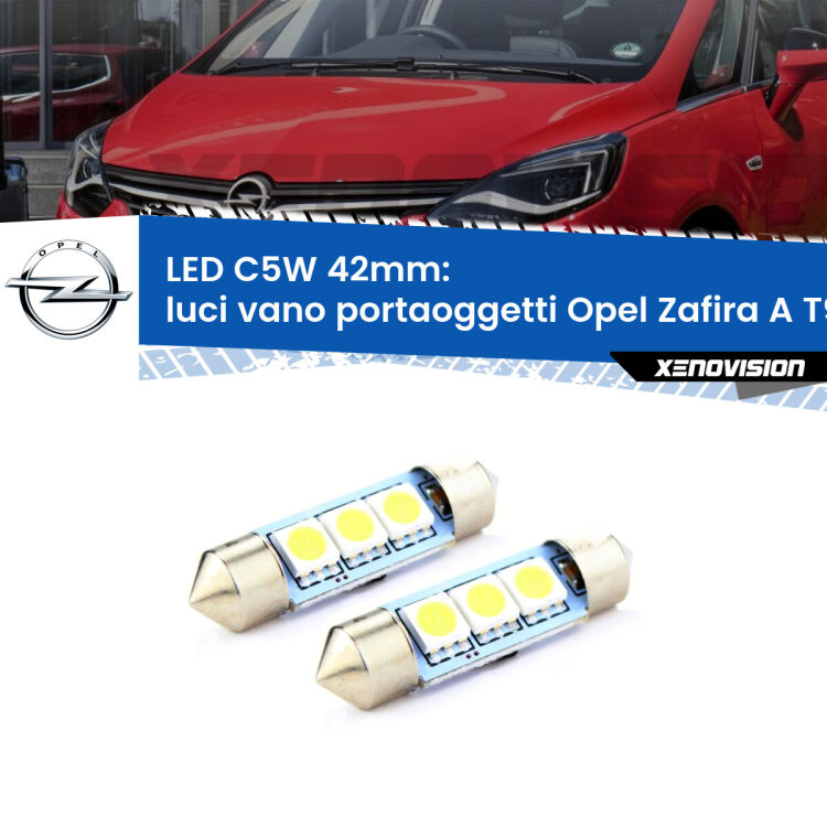 0 Luci Vano Portaoggetti LED c5w 41mm Opel Zafira A T98 1999 - 2005 (Coppia) <strong>Luci Vano Portaoggetti LED per Opel Zafira A</strong> T98 1999 - 2005. Coppia lampade <strong>C5W</strong> 41mm estremamente longeve.
