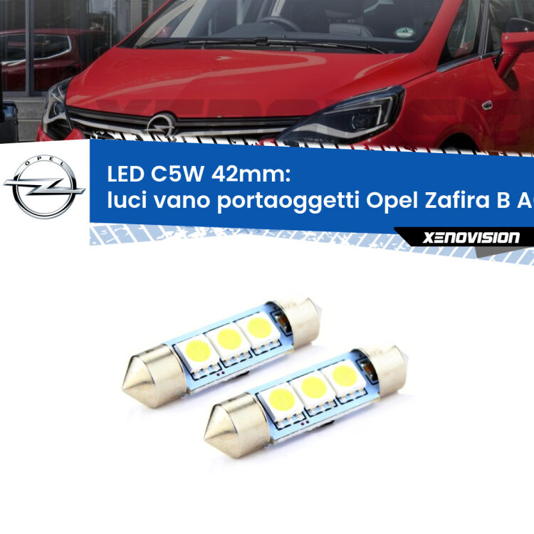 0 Luci Vano Portaoggetti LED c5w 41mm Opel Zafira B A05 2005 - 2015 (Coppia) <strong>Luci Vano Portaoggetti LED per Opel Zafira B</strong> A05 2005 - 2015. Coppia lampade <strong>C5W</strong> 41mm estremamente longeve.