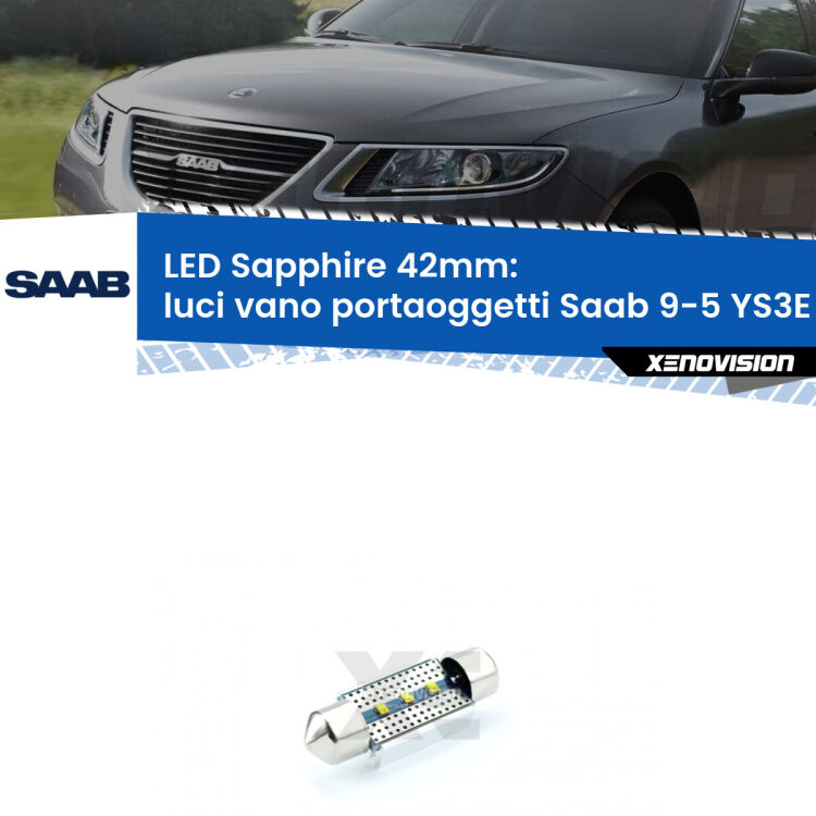 <strong>LED luci vano portaoggetti 42mm per Saab 9-5</strong> YS3E 1997 - 2010. Lampade <strong>c5W</strong> modello Sapphire Xenovision con chip led Philips.