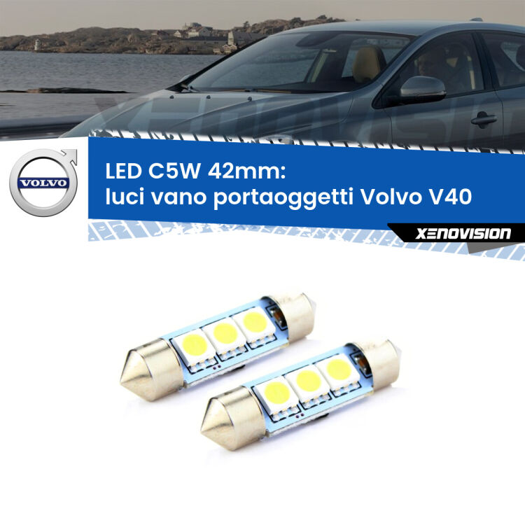 0 Luci Vano Portaoggetti LED c5w 41mm Volvo V40 1995 - 2004 (Coppia) <strong>Luci Vano Portaoggetti LED per Volvo V40</strong> 1995 - 2004. Coppia lampade <strong>C5W</strong> 41mm estremamente longeve.