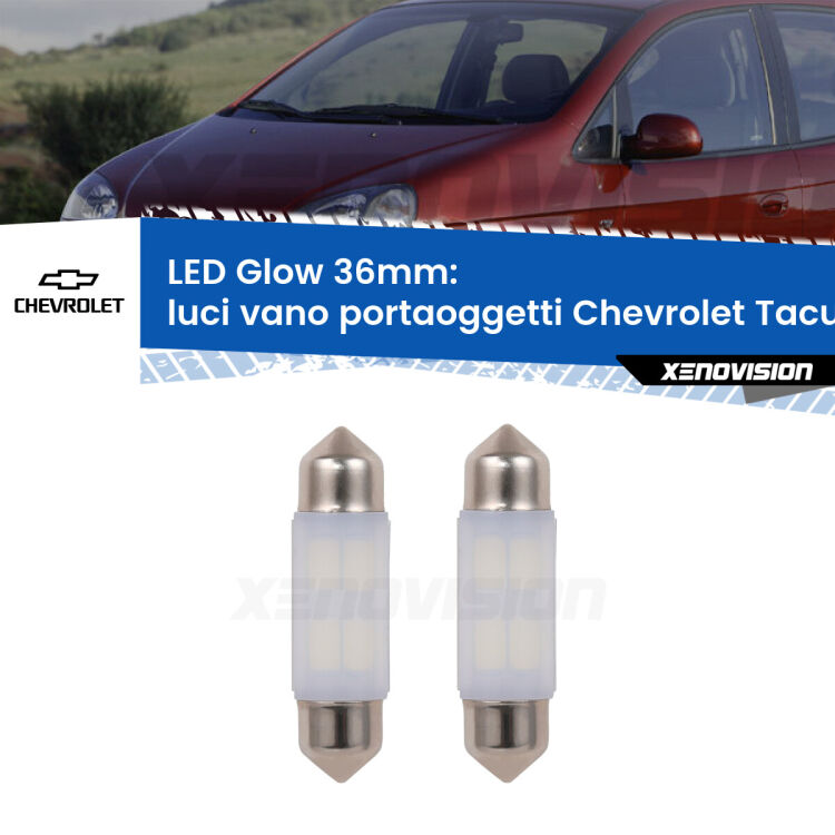 Luci Vano Portaoggetti LED Chevrolet Tacuma U100 2005 - 2008: C5W Glow a Luce Calda (Coppia) <strong>Luci Vano Portaoggetti LED luce calda per Chevrolet Tacuma</strong> U100 2005 - 2008. Coppia lampade <strong>C5W</strong> 36mm modello Glow di Xenovision.