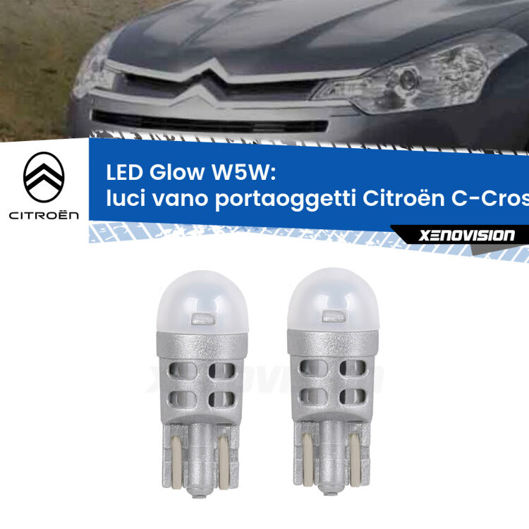 Luci Vano Portaoggetti LED Citroën C-Crosser 2007 - 2012: W5W Glow a Luce Calda <strong>Luci Vano Portaoggetti LED luce calda per Citroën C-Crosser</strong> 2007 - 2012. Coppia lampade <strong>W5W</strong> modello Glow di Xenovision.