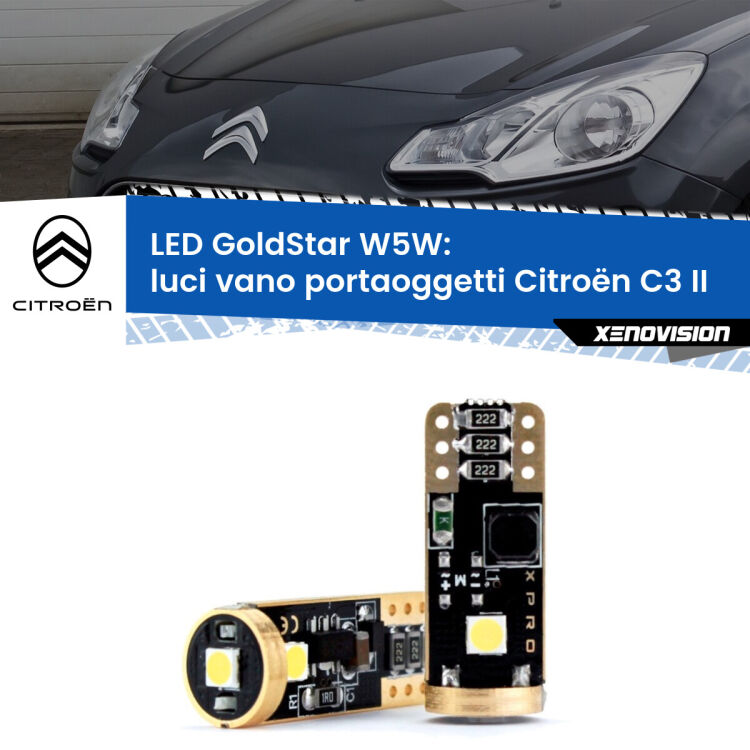 Luci Vano Portaoggetti LED Citroën C3 II 2009 - 2016: T10 GoldStar <strong>Luci Vano Portaoggetti LED Citroën C3</strong> II 2009 - 2016: ottima luminosità a 360 gradi. Si inseriscono ovunque. Canbus, Top Quality.