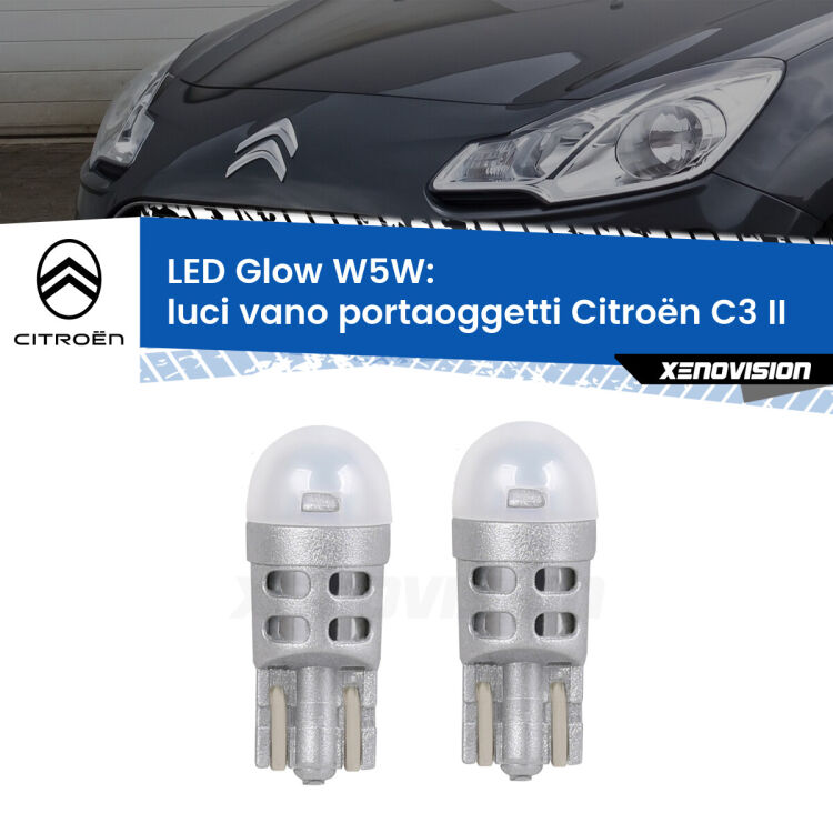 Luci Vano Portaoggetti LED Citroën C3 II 2009 - 2016: W5W Glow a Luce Calda <strong>Luci Vano Portaoggetti LED luce calda per Citroën C3</strong> II 2009 - 2016. Coppia lampade <strong>W5W</strong> modello Glow di Xenovision.
