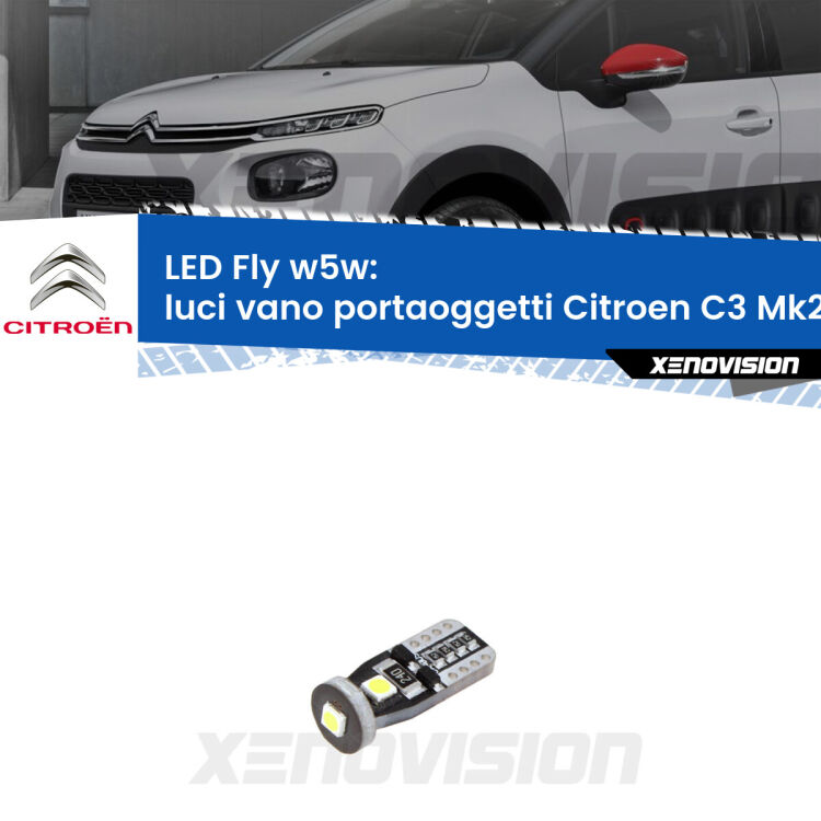 <strong>luci vano portaoggetti LED per Citroen C3</strong> Mk2 2009 - 2016. Coppia lampadine <strong>w5w</strong> Canbus compatte modello Fly Xenovision.