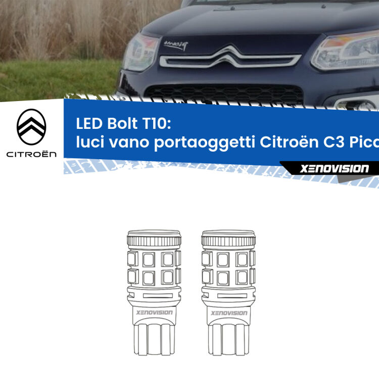 0 Luci Vano Portaoggetti LED Citroën C3 Picasso 2009 - 2016: T10 Bolt <strong>Luci Vano Portaoggetti LED per Citroën C3 Picasso</strong> 2009 - 2016. Coppia lampade <strong>T10</strong> modello Bolt canbus.