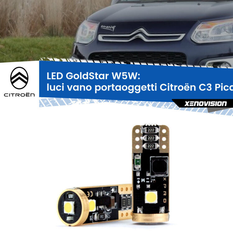 0 Luci Vano Portaoggetti LED Citroën C3 Picasso 2009 - 2016: T10 GoldStar <strong>Luci Vano Portaoggetti LED Citroën C3 Picasso</strong> 2009 - 2016: ottima luminosità a 360 gradi. Si inseriscono ovunque. Canbus, Top Quality.