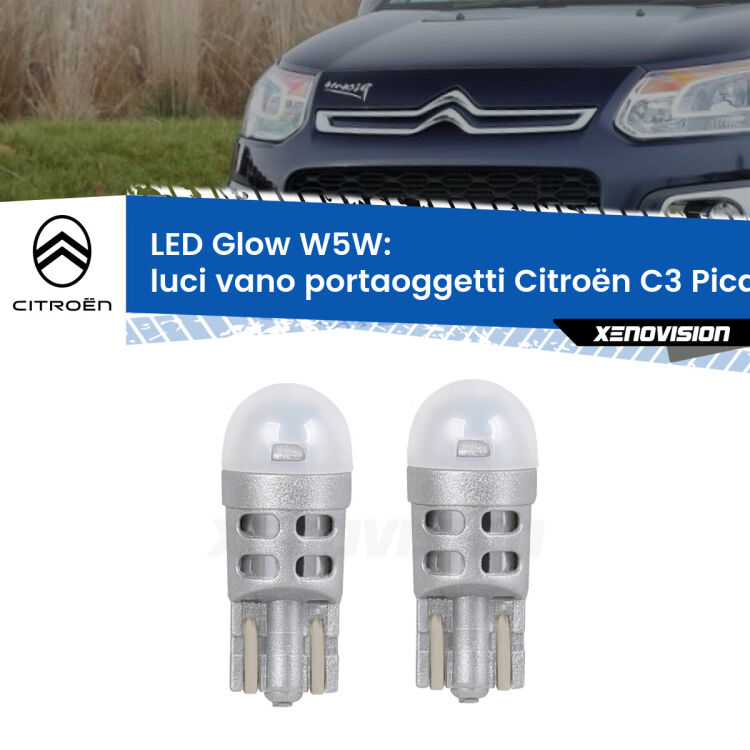 Luci Vano Portaoggetti LED Citroën C3 Picasso 2009 - 2016: W5W Glow a Luce Calda <strong>Luci Vano Portaoggetti LED luce calda per Citroën C3 Picasso</strong> 2009 - 2016. Coppia lampade <strong>W5W</strong> modello Glow di Xenovision.