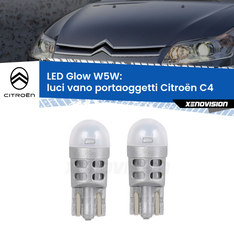 0 Luci Vano Portaoggetti LED Citroën C4 2004 - 2011: W5W Glow a Luce Calda <strong>Luci Vano Portaoggetti LED luce calda per Citroën C4</strong> 2004 - 2011. Coppia lampade <strong>W5W</strong> modello Glow di Xenovision.