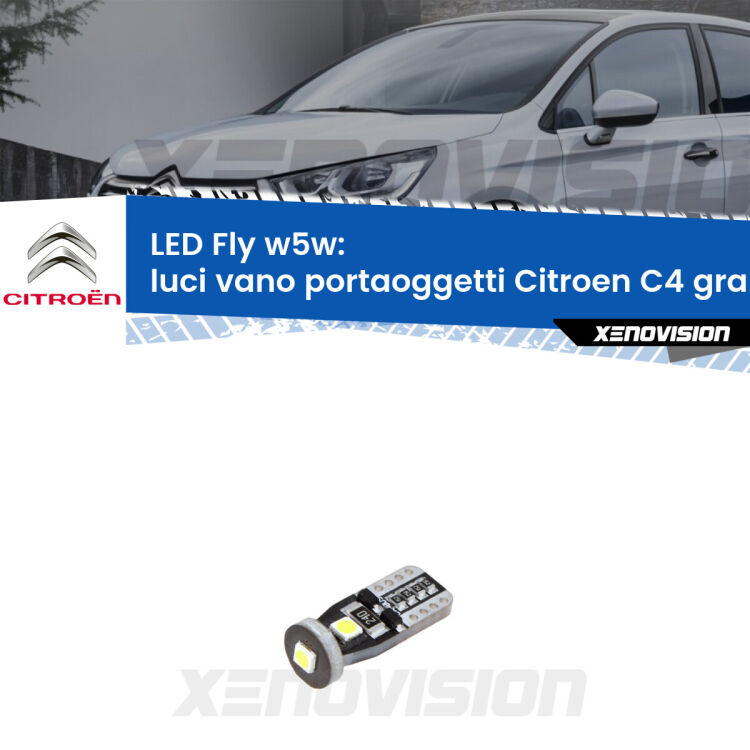 <strong>luci vano portaoggetti LED per Citroen C4 grand picasso II</strong> Mk2 2013 in poi. Coppia lampadine <strong>w5w</strong> Canbus compatte modello Fly Xenovision.