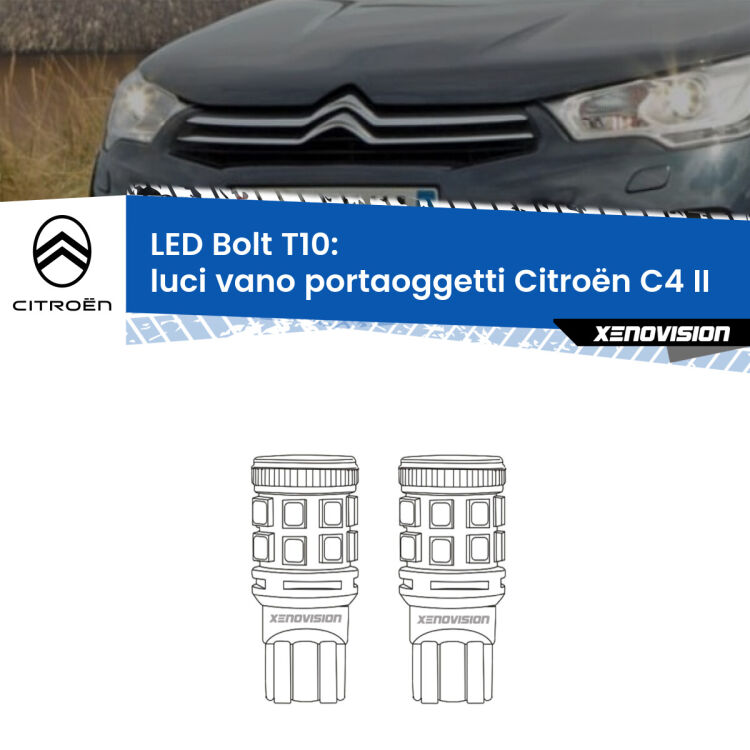 0 Luci Vano Portaoggetti LED Citroën C4 II 2009 - 2016: T10 Bolt <strong>Luci Vano Portaoggetti LED per Citroën C4</strong> II 2009 - 2016. Coppia lampade <strong>T10</strong> modello Bolt canbus.