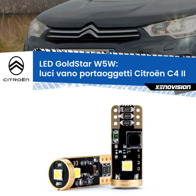0 Luci Vano Portaoggetti LED Citroën C4 II 2009 - 2016: T10 GoldStar <strong>Luci Vano Portaoggetti LED Citroën C4</strong> II 2009 - 2016: ottima luminosità a 360 gradi. Si inseriscono ovunque. Canbus, Top Quality.