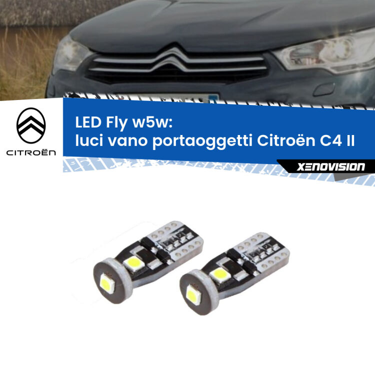 0 Luci Vano Portaoggetti LED Citroën C4 II 2009 - 2016: W5W Fly <strong>luci vano portaoggetti LED per Citroën C4</strong> II 2009 - 2016. Coppia lampadine <strong>w5w</strong> Canbus compatte modello Fly Xenovision.