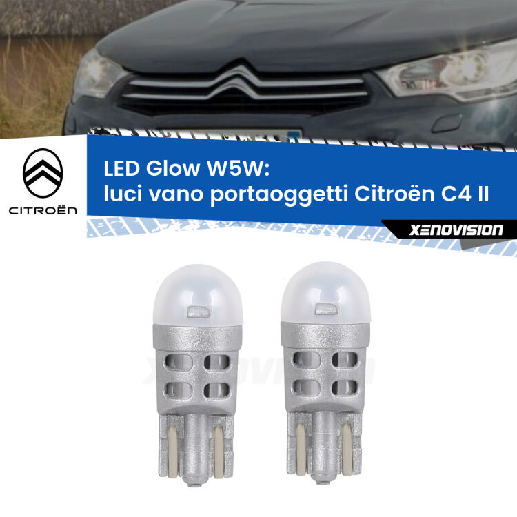 Luci Vano Portaoggetti LED Citroën C4 II 2009 - 2016: W5W Glow a Luce Calda <strong>Luci Vano Portaoggetti LED luce calda per Citroën C4</strong> II 2009 - 2016. Coppia lampade <strong>W5W</strong> modello Glow di Xenovision.