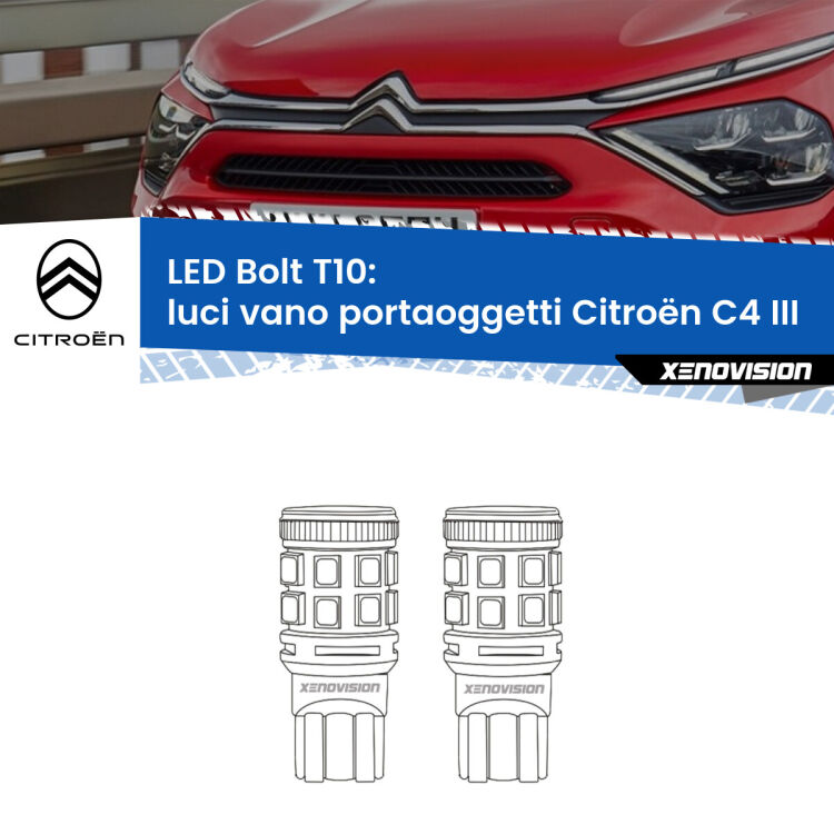 0 Luci Vano Portaoggetti LED Citroën C4 III 2020 in poi: T10 Bolt <strong>Luci Vano Portaoggetti LED per Citroën C4</strong> III 2020 in poi. Coppia lampade <strong>T10</strong> modello Bolt canbus.