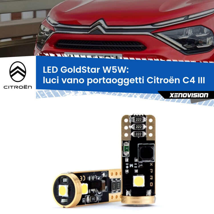 0 Luci Vano Portaoggetti LED Citroën C4 III 2020 in poi: T10 GoldStar <strong>Luci Vano Portaoggetti LED Citroën C4</strong> III 2020 in poi: ottima luminosità a 360 gradi. Si inseriscono ovunque. Canbus, Top Quality.