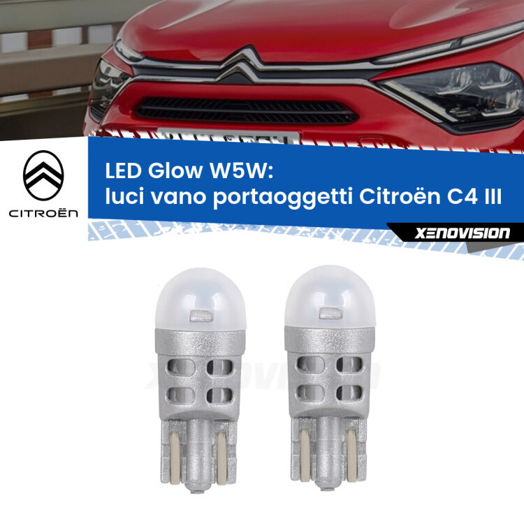 Luci Vano Portaoggetti LED Citroën C4 III 2020 in poi: W5W Glow a Luce Calda <strong>Luci Vano Portaoggetti LED luce calda per Citroën C4</strong> III 2020 in poi. Coppia lampade <strong>W5W</strong> modello Glow di Xenovision.