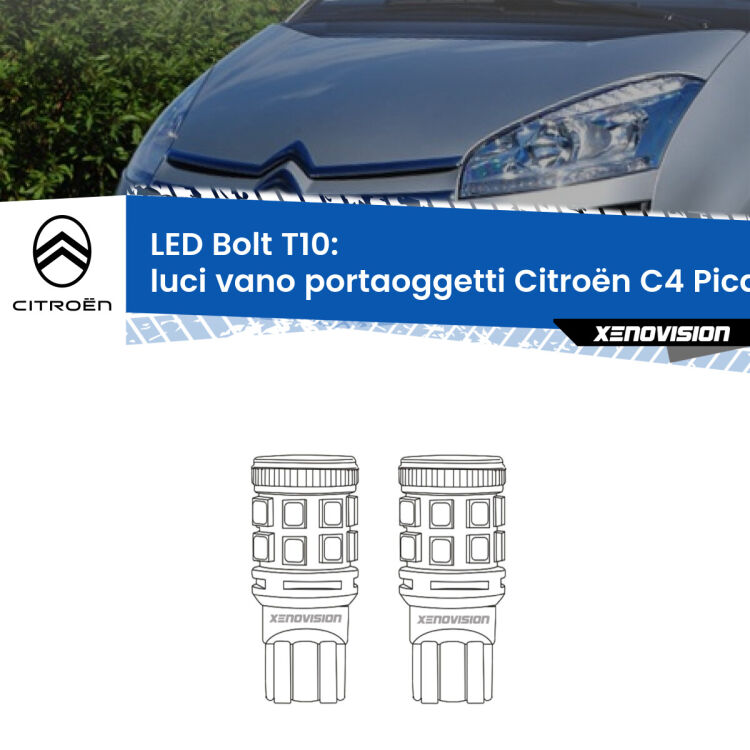 0 Luci Vano Portaoggetti LED Citroën C4 Picasso 2006 - 2013: T10 Bolt <strong>Luci Vano Portaoggetti LED per Citroën C4 Picasso</strong> 2006 - 2013. Coppia lampade <strong>T10</strong> modello Bolt canbus.