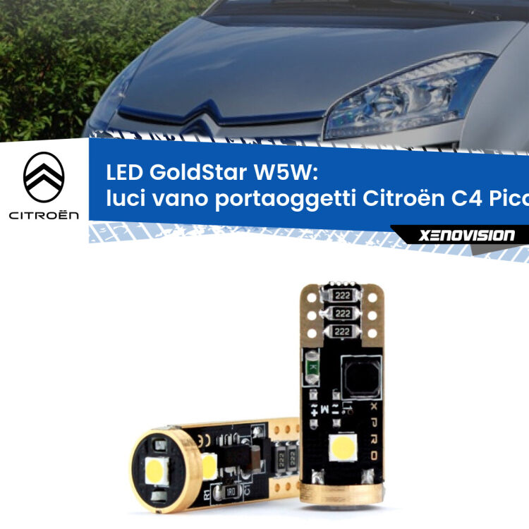 0 Luci Vano Portaoggetti LED Citroën C4 Picasso 2006 - 2013: T10 GoldStar <strong>Luci Vano Portaoggetti LED Citroën C4 Picasso</strong> 2006 - 2013: ottima luminosità a 360 gradi. Si inseriscono ovunque. Canbus, Top Quality.
