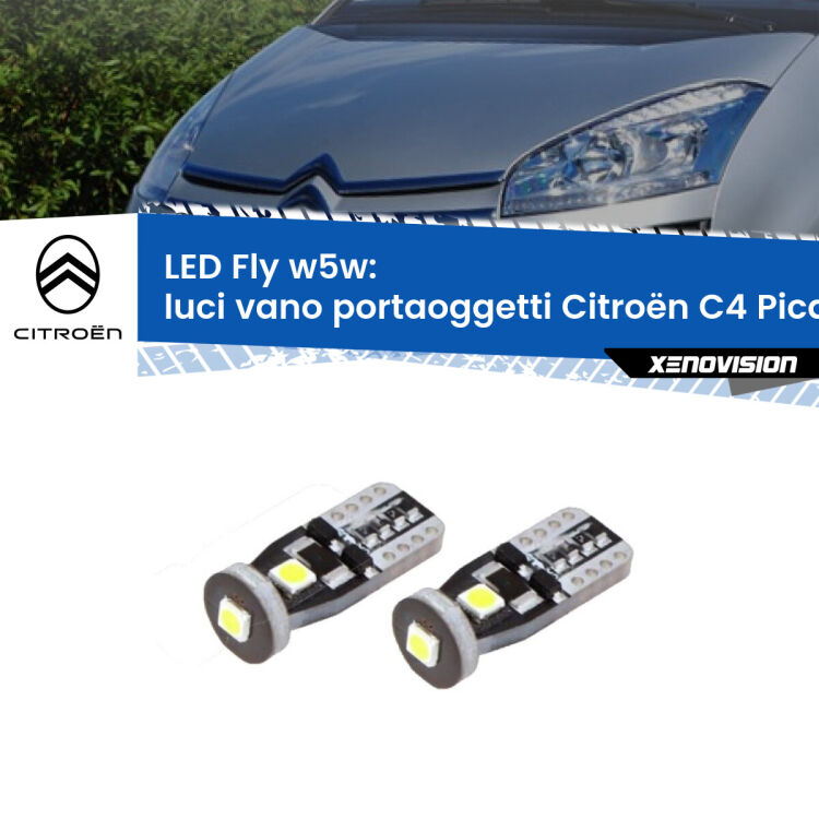 0 Luci Vano Portaoggetti LED Citroën C4 Picasso 2006 - 2013: W5W Fly <strong>luci vano portaoggetti LED per Citroën C4 Picasso</strong> 2006 - 2013. Coppia lampadine <strong>w5w</strong> Canbus compatte modello Fly Xenovision.