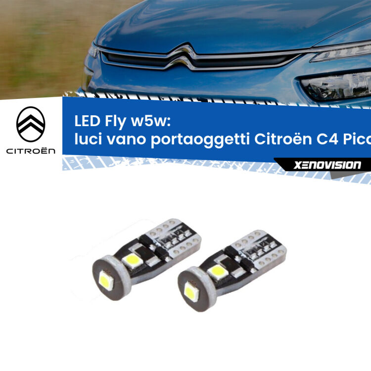 0 Luci Vano Portaoggetti LED Citroën C4 Picasso II 2013 in poi: W5W Fly <strong>luci vano portaoggetti LED per Citroën C4 Picasso</strong> II 2013 in poi. Coppia lampadine <strong>w5w</strong> Canbus compatte modello Fly Xenovision.