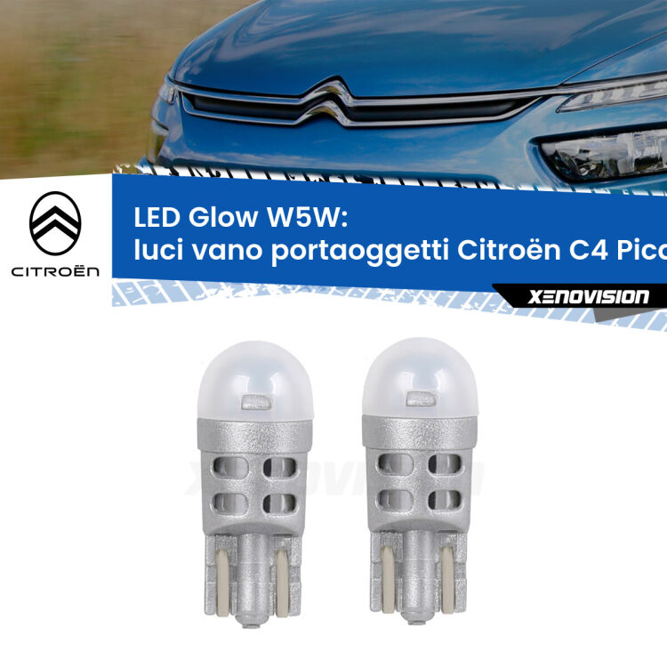 Luci Vano Portaoggetti LED Citroën C4 Picasso II 2013 in poi: W5W Glow a Luce Calda <strong>Luci Vano Portaoggetti LED luce calda per Citroën C4 Picasso</strong> II 2013 in poi. Coppia lampade <strong>W5W</strong> modello Glow di Xenovision.