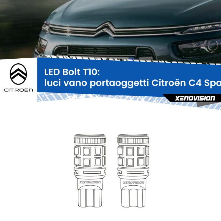 Luci Vano Portaoggetti LED Citroën C4 Spacetourer  2018 in poi: T10 Bolt <strong>Luci Vano Portaoggetti LED per Citroën C4 Spacetourer</strong>  2018 in poi. Coppia lampade <strong>T10</strong> modello Bolt canbus.