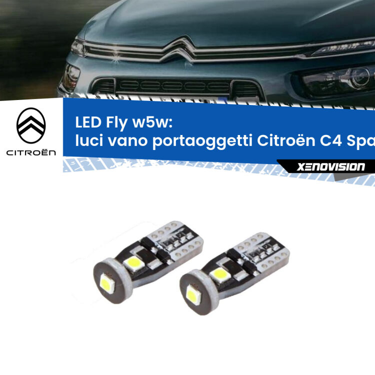 Luci Vano Portaoggetti LED Citroën C4 Spacetourer  2018 in poi: W5W Fly <strong>luci vano portaoggetti LED per Citroën C4 Spacetourer</strong>  2018 in poi. Coppia lampadine <strong>w5w</strong> Canbus compatte modello Fly Xenovision.