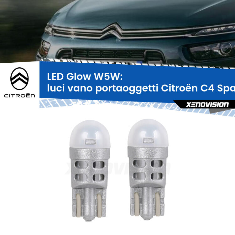 Luci Vano Portaoggetti LED Citroën C4 Spacetourer  2018 in poi: W5W Glow a Luce Calda <strong>Luci Vano Portaoggetti LED luce calda per Citroën C4 Spacetourer</strong>  2018 in poi. Coppia lampade <strong>W5W</strong> modello Glow di Xenovision.