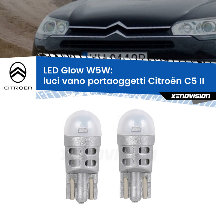 Luci Vano Portaoggetti LED Citroën C5 II 2008 - 2014: W5W Glow a Luce Calda <strong>Luci Vano Portaoggetti LED luce calda per Citroën C5</strong> II 2008 - 2014. Coppia lampade <strong>W5W</strong> modello Glow di Xenovision.