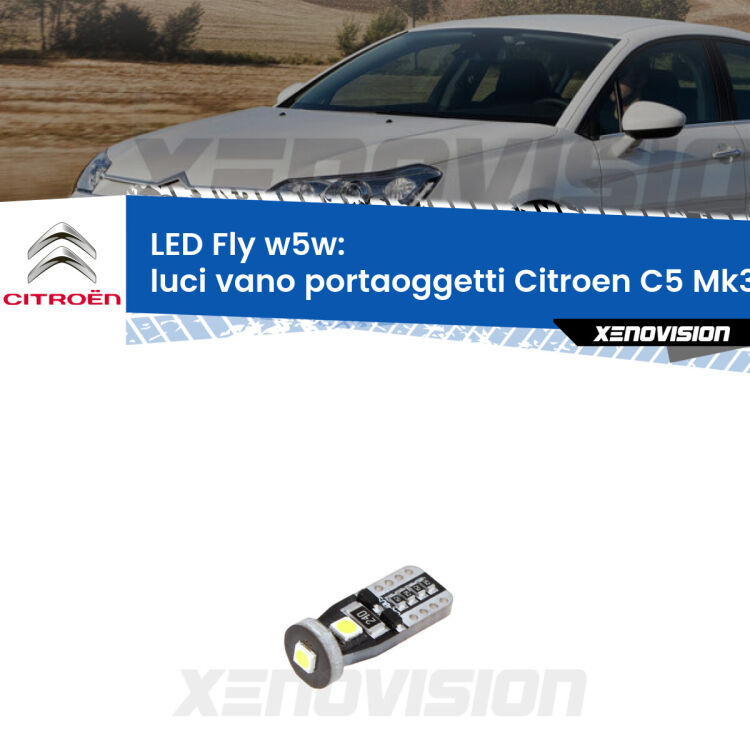<strong>luci vano portaoggetti LED per Citroen C5</strong> Mk3 2008 - 2014. Coppia lampadine <strong>w5w</strong> Canbus compatte modello Fly Xenovision.