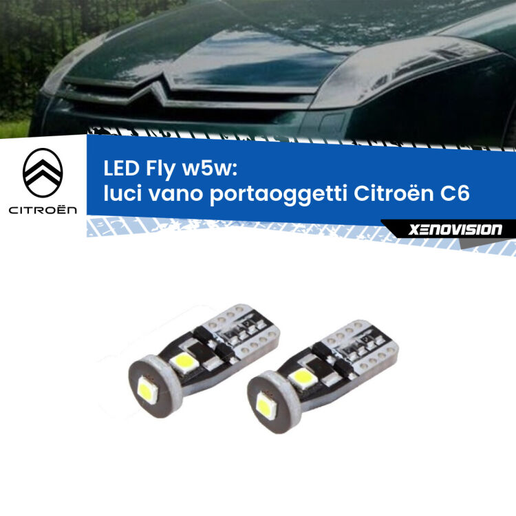0 Luci Vano Portaoggetti LED Citroën C6  2005 - 2012: W5W Fly <strong>luci vano portaoggetti LED per Citroën C6</strong>  2005 - 2012. Coppia lampadine <strong>w5w</strong> Canbus compatte modello Fly Xenovision.