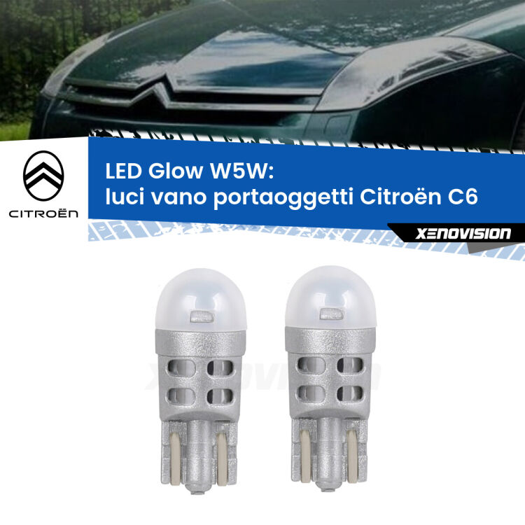 Luci Vano Portaoggetti LED Citroën C6  2005 - 2012: W5W Glow a Luce Calda <strong>Luci Vano Portaoggetti LED luce calda per Citroën C6</strong>  2005 - 2012. Coppia lampade <strong>W5W</strong> modello Glow di Xenovision.