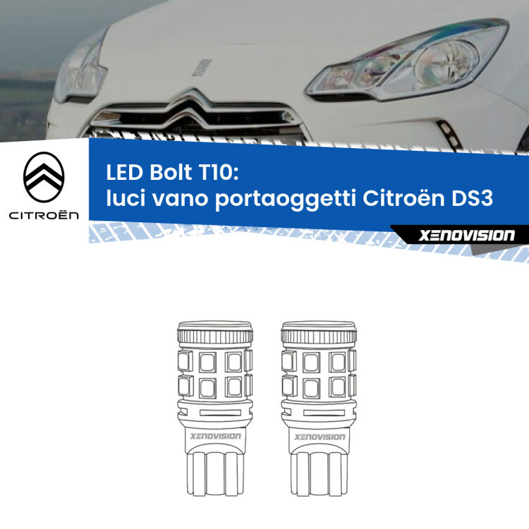 0 Luci Vano Portaoggetti LED Citroën DS3  2009 - 2015: T10 Bolt <strong>Luci Vano Portaoggetti LED per Citroën DS3</strong>  2009 - 2015. Coppia lampade <strong>T10</strong> modello Bolt canbus.