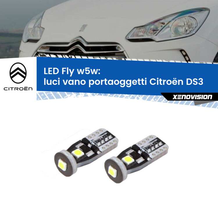 0 Luci Vano Portaoggetti LED Citroën DS3  2009 - 2015: W5W Fly <strong>luci vano portaoggetti LED per Citroën DS3</strong>  2009 - 2015. Coppia lampadine <strong>w5w</strong> Canbus compatte modello Fly Xenovision.