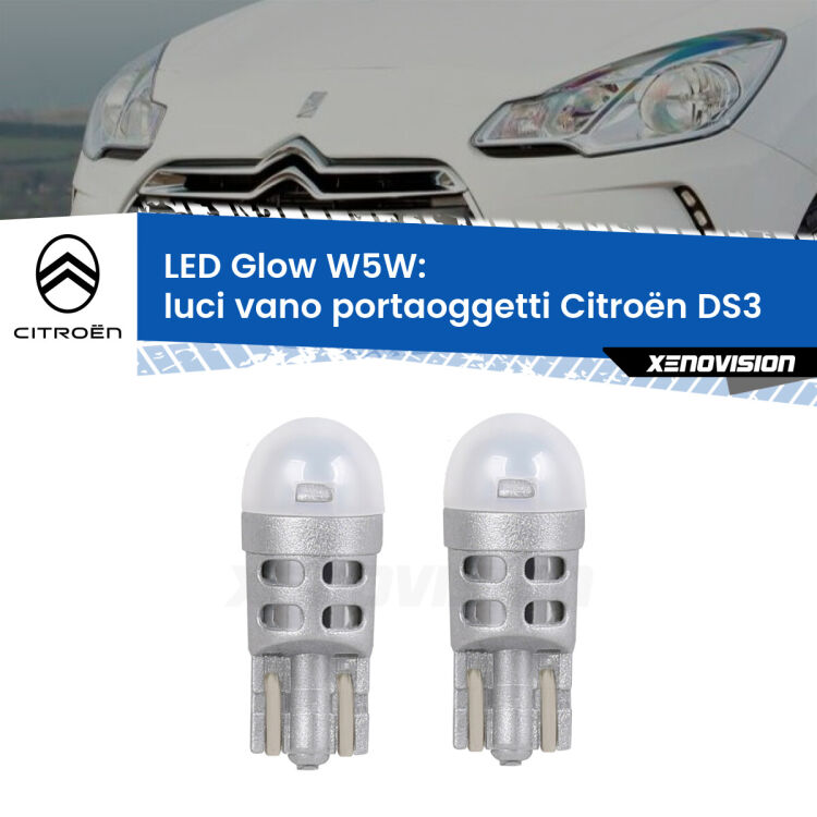 Luci Vano Portaoggetti LED Citroën DS3  2009 - 2015: W5W Glow a Luce Calda <strong>Luci Vano Portaoggetti LED luce calda per Citroën DS3</strong>  2009 - 2015. Coppia lampade <strong>W5W</strong> modello Glow di Xenovision.
