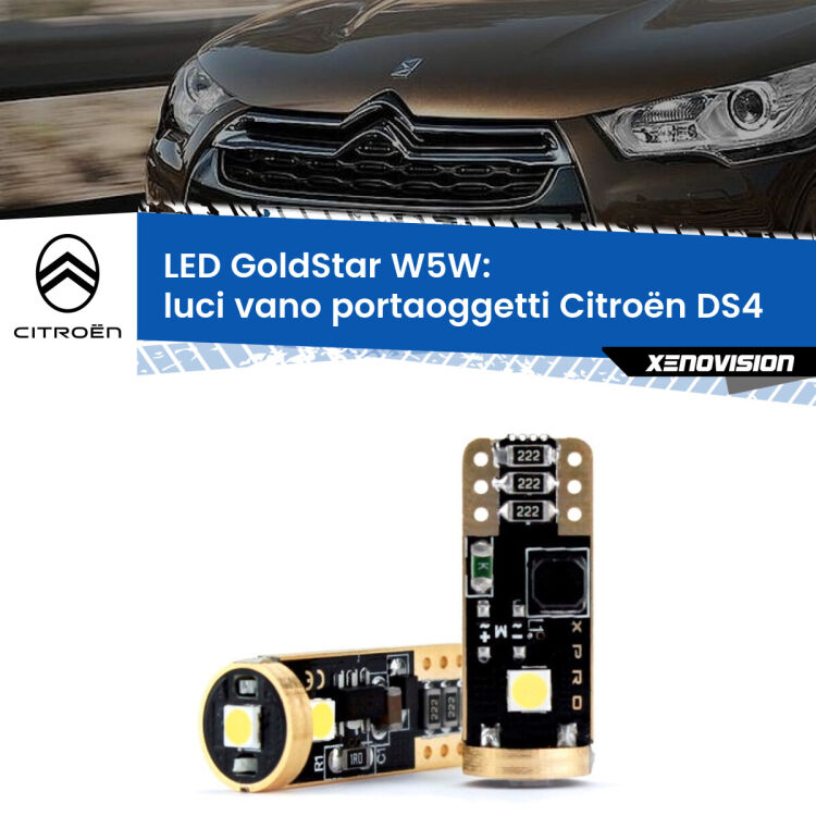 0 Luci Vano Portaoggetti LED Citroën DS4 2011 - 2015: T10 GoldStar <strong>Luci Vano Portaoggetti LED Citroën DS4</strong> 2011 - 2015: ottima luminosità a 360 gradi. Si inseriscono ovunque. Canbus, Top Quality.