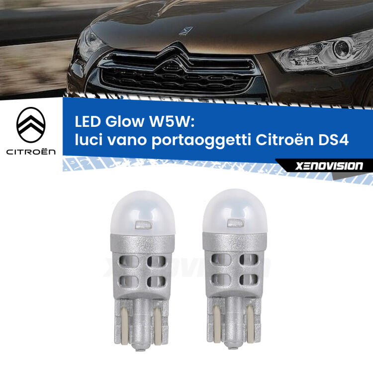 0 Luci Vano Portaoggetti LED Citroën DS4 2011 - 2015: W5W Glow a Luce Calda <strong>Luci Vano Portaoggetti LED luce calda per Citroën DS4</strong> 2011 - 2015. Coppia lampade <strong>W5W</strong> modello Glow di Xenovision.