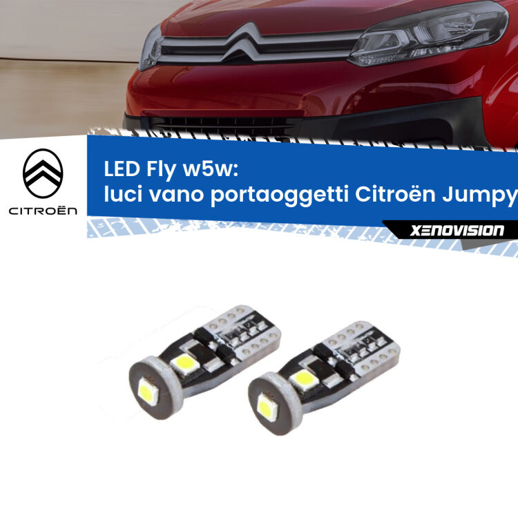 0 Luci Vano Portaoggetti LED Citroën Jumpy III 2016 in poi: W5W Fly <strong>luci vano portaoggetti LED per Citroën Jumpy</strong> III 2016 in poi. Coppia lampadine <strong>w5w</strong> Canbus compatte modello Fly Xenovision.