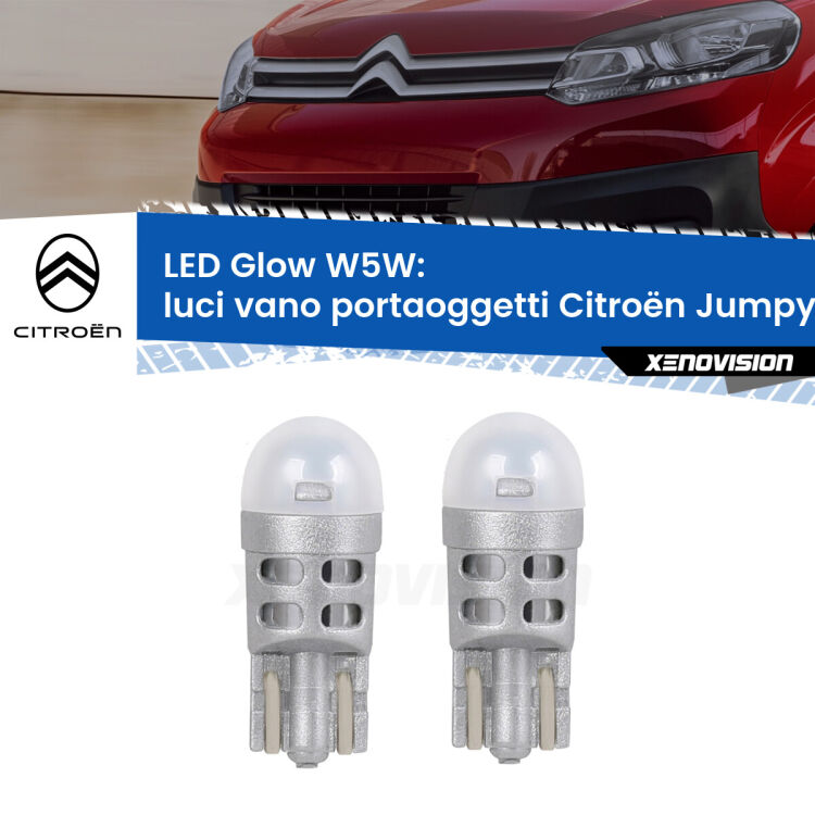Luci Vano Portaoggetti LED Citroën Jumpy III 2016 in poi: W5W Glow a Luce Calda <strong>Luci Vano Portaoggetti LED luce calda per Citroën Jumpy</strong> III 2016 in poi. Coppia lampade <strong>W5W</strong> modello Glow di Xenovision.