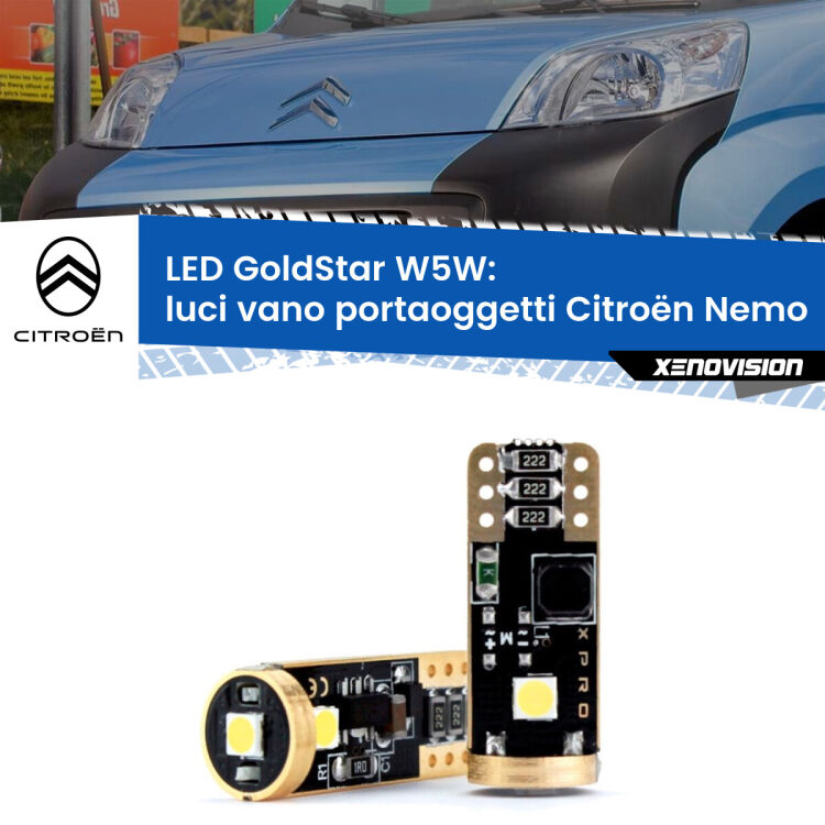 0 Luci Vano Portaoggetti LED Citroën Nemo 2008 in poi: T10 GoldStar <strong>Luci Vano Portaoggetti LED Citroën Nemo</strong> 2008 in poi: ottima luminosità a 360 gradi. Si inseriscono ovunque. Canbus, Top Quality.