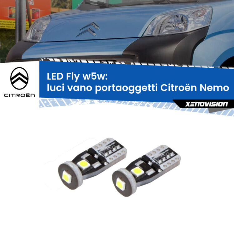 0 Luci Vano Portaoggetti LED Citroën Nemo 2008 in poi: W5W Fly <strong>luci vano portaoggetti LED per Citroën Nemo</strong> 2008 in poi. Coppia lampadine <strong>w5w</strong> Canbus compatte modello Fly Xenovision.