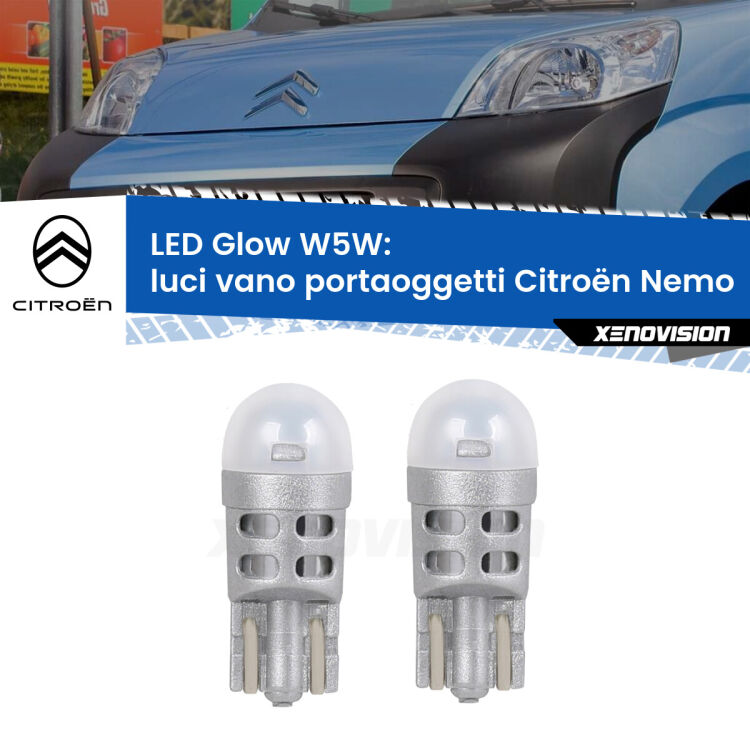 Luci Vano Portaoggetti LED Citroën Nemo 2008 in poi: W5W Glow a Luce Calda <strong>Luci Vano Portaoggetti LED luce calda per Citroën Nemo</strong> 2008 in poi. Coppia lampade <strong>W5W</strong> modello Glow di Xenovision.